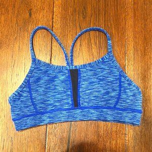 BIKRAM YOGA HALTER LIKE SPORTS BRA, SIZE US SMALL, BLUE/BLACK MESH